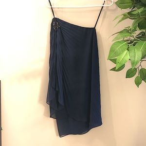 Xscape navy off-shoulder cocktail dress with broach